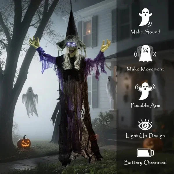 Life Size Halloween Animated Hanging Witch With Glowing LED Eyes, Scary Halloween Decorations, Battery Operated EX-STOCK Canada