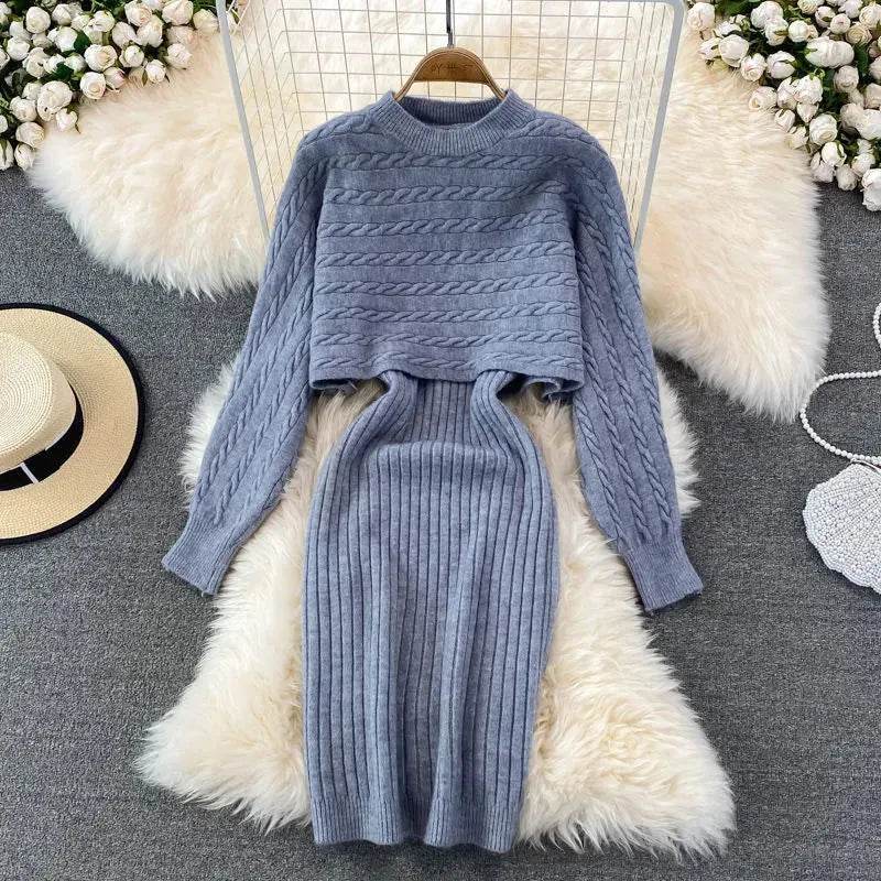 Autumn Winter Sassy Woolen Knitted Two Piece Midi Sweater Dress Outfit set - EX-STOCK Canada