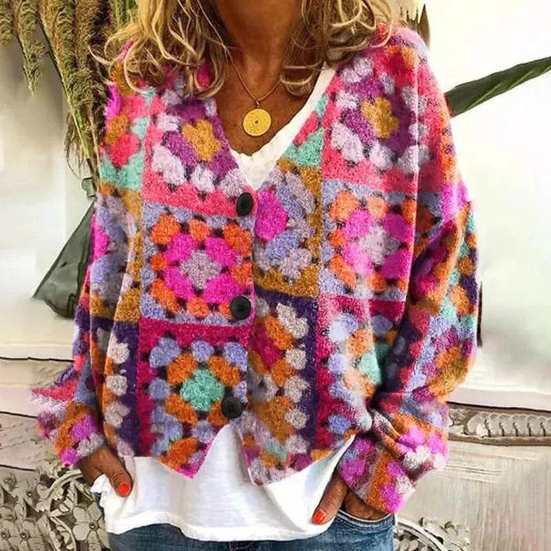 New Christmas Abstract Flowers Printing Sweater Fashion Casual Short Cardigan Coat Womens Clothing - EX-STOCK Canada