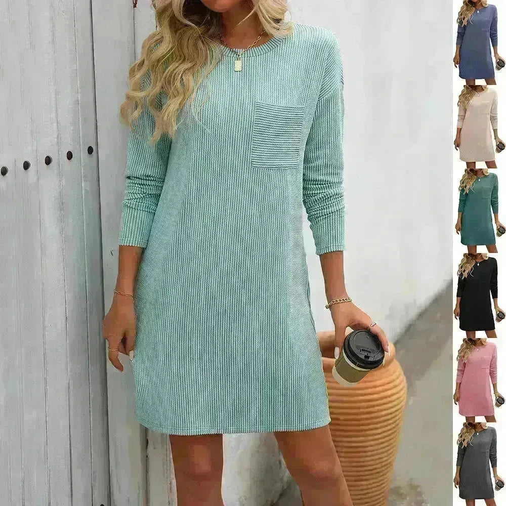Casual New Solid Color Striped With Pockets Long Sleeve Loose Mini Dress Fashion Round Neck Straight Dress Women's Clothing - EX-STOCK CANADA