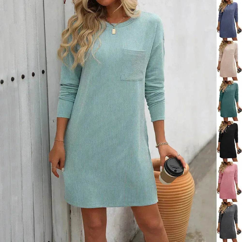 Casual New Solid Color Striped With Pockets Long Sleeve Loose Mini Dress Fashion Round Neck Straight Dress Women's Clothing - EX-STOCK Canada