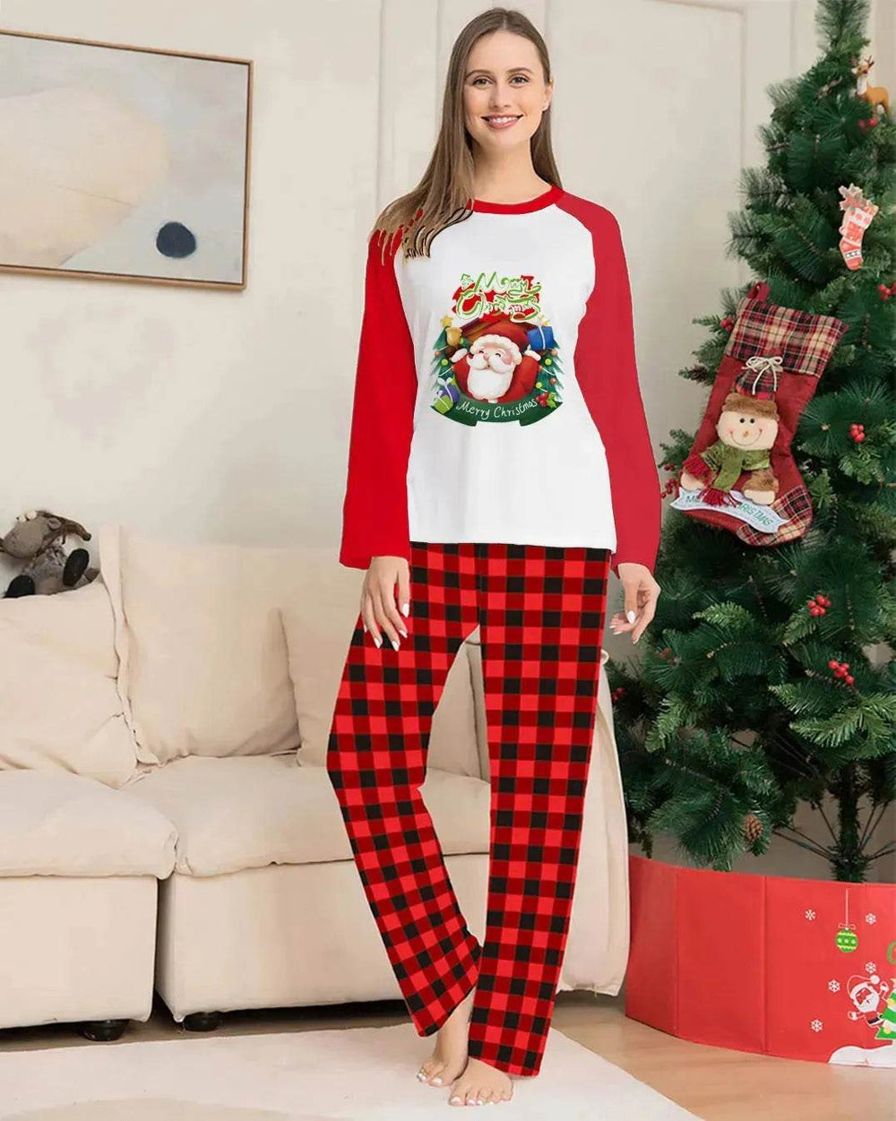 Christmas Parent-Child Clothes Set Long Sleeve T-Shirt Plaid Pants Family Matching Pajamas - EX-STOCK Canada