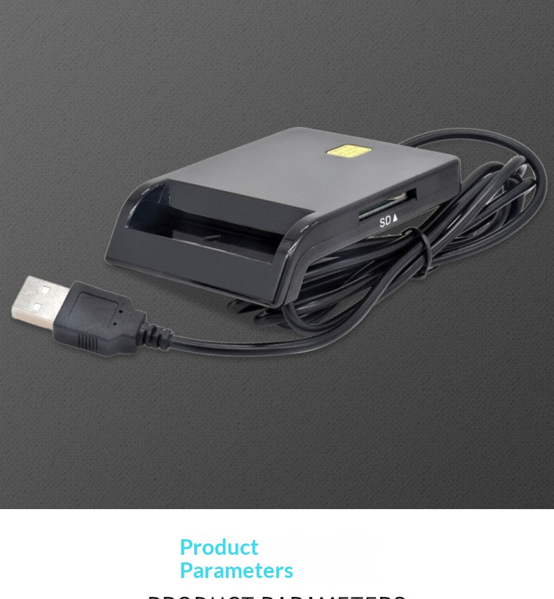 A black USB card reader device with a coiled black cable and a USB connector, shown on a dark gray background with a white strip at the bottom containing the text 'Product Parameters'.
