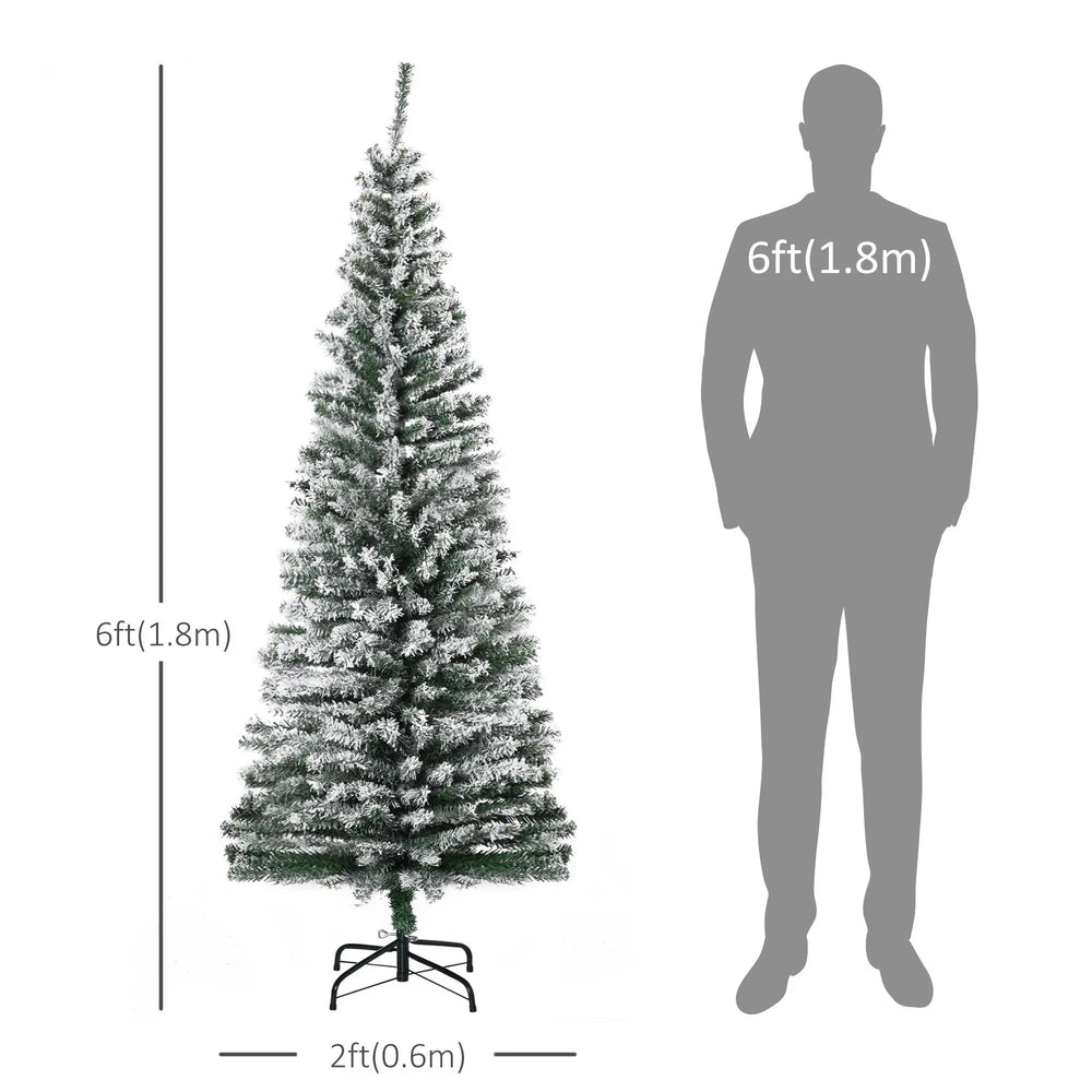 6ft Flocked Christmas Tree, Pencil Christmas Tree With Realistic Branch Tips, Folding Metal Stand, Green EX-STOCK Canada