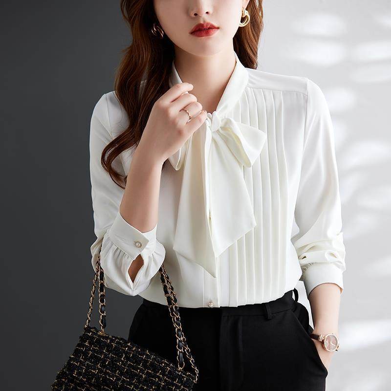 Women neck tie Chiffon Long Sleeve Shirt For work - EX-STOCK Canada