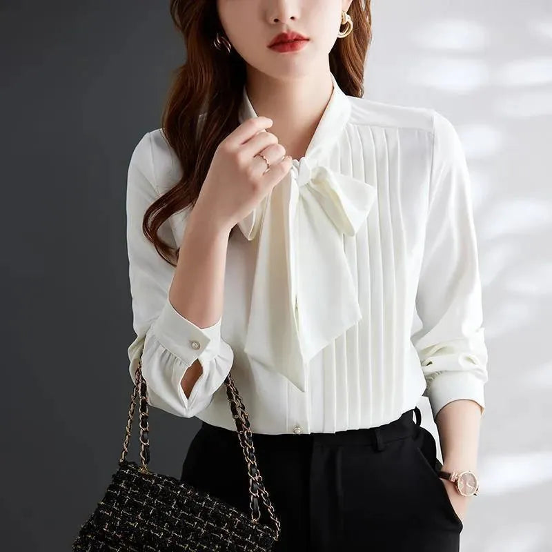 Women neck tie Chiffon Long Sleeve Shirt For work - EX-STOCK Canada