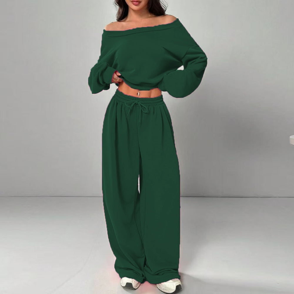 Women's Multi-Colour 2-Piece Off-Shoulder Loungewear Set, Cropped Long-Sleeve Top and Wide-Leg Pants, S–2XL