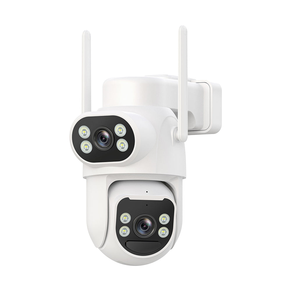 White outdoor security camera with dual lenses on a white background