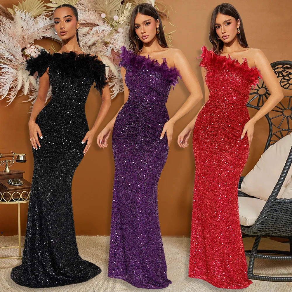 Luxury formal dress Feather Stitching Sequin Evening Dress Long dress - EX-STOCK CANADA