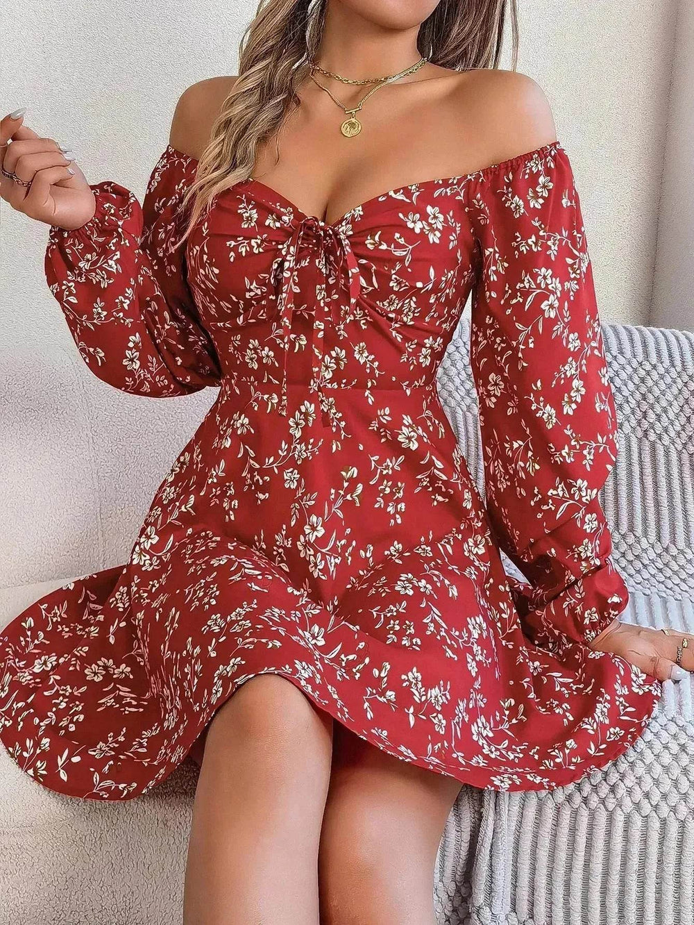 Casual Summer Floral Mini Dress Lantern Sleeve Skater Dress - EX-STOCK Canada
