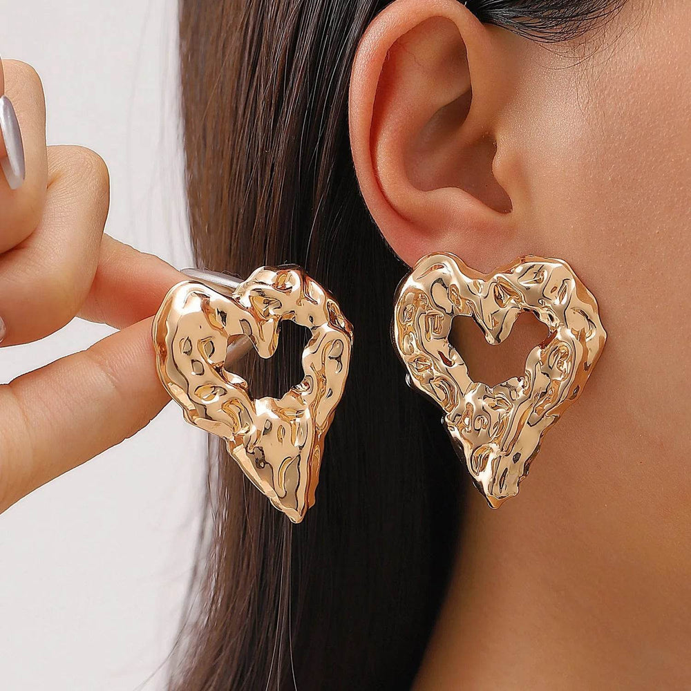 New Pleated Lava Hollow Heart-shaped Earrings Personality Exaggerated Love Earrings For Women Valentine's Day Jewelry - EX-STOCK Canada