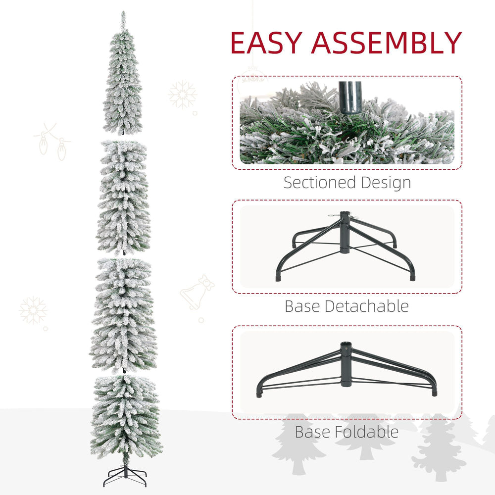 9ft Snow-Flocked Artificial Christmas Tree, Slim Pencil Xmas Tree With 714 Realistic Branches, Metal Base, Green EX-STOCK Canada