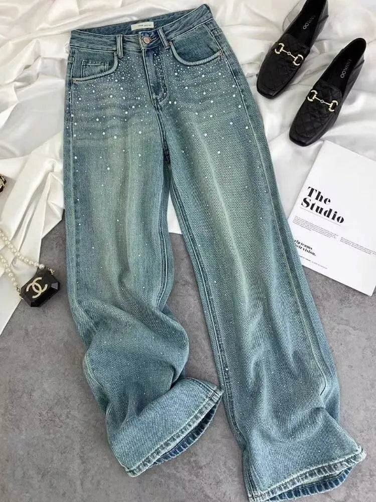 Starry Diamond In The Debris Rhinestone Straight Baggy Jeans Pant For Women - EX-STOCK Canada