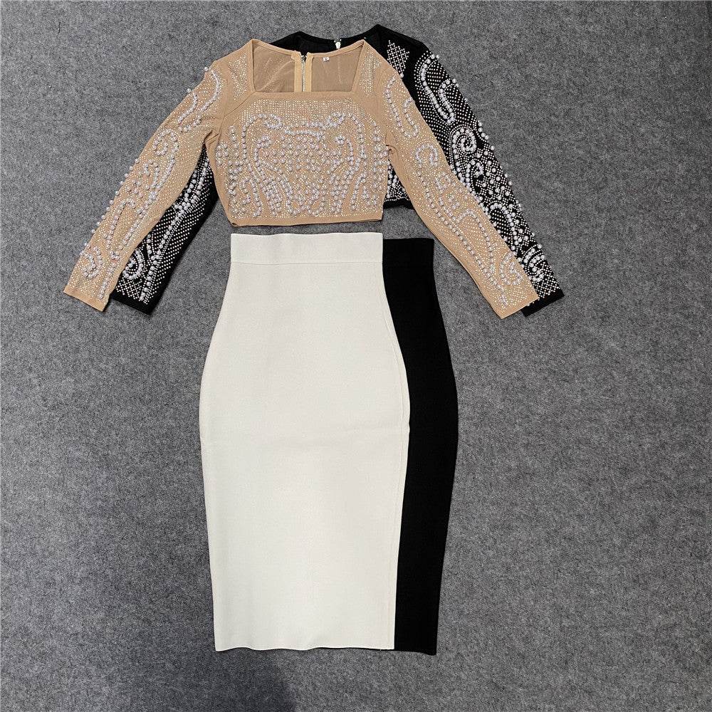 2pcs Beaded Studded Long Sleeve Mesh top and Midi Pencil skirt for work - EX-STOCK Canada