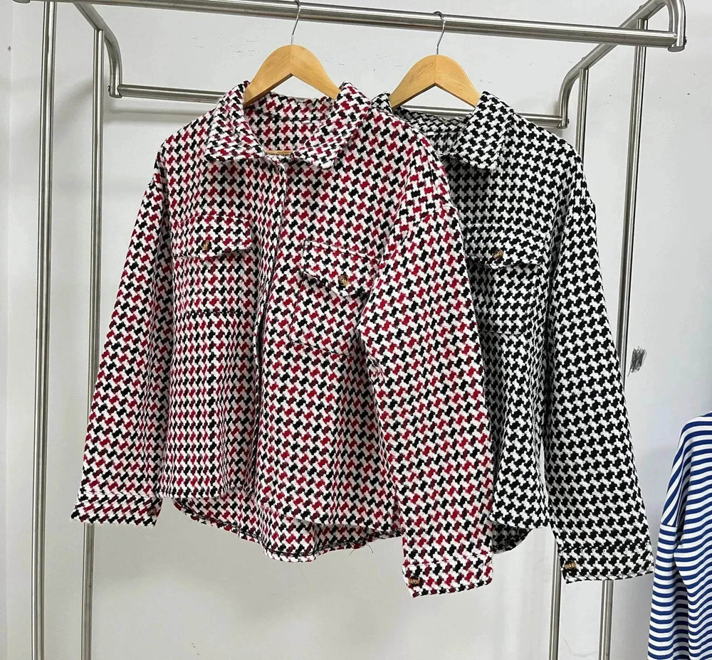 Casual Houndstooth Lapel Tweed Button long sleeve shirt tops for women - EX-STOCK Canada