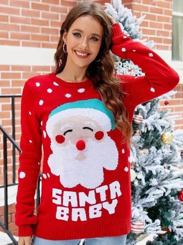 Women's Tops Santa Pullover Sweater Autumn And Winter Letter Embroidery Christmas Red Sweaters Long Sleeve Crew Neck Clothes - EX-STOCK Canada