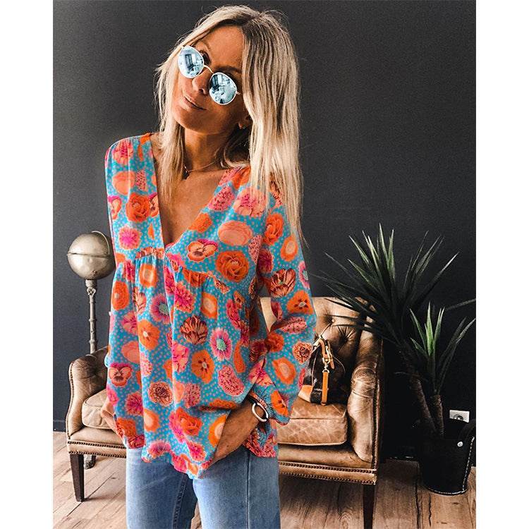 Women Casual Spring Summer New Style Blouse top Printing V-Neck Long-Sleeved - EX-STOCK Canada
