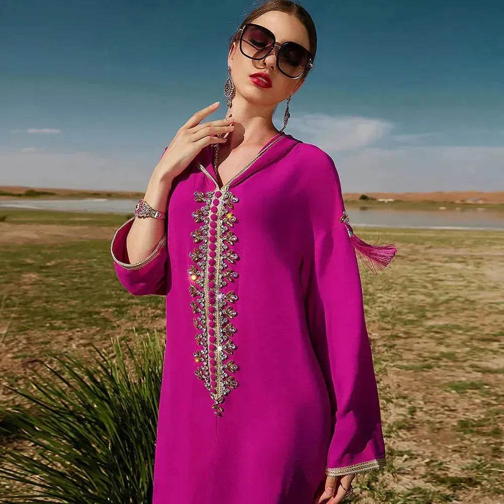 Women's Luxury Rose Red Hooded Middle East Moroccan Dubai Style Dress Fancy Embellish Summer Turkish dress - EX-STOCK Canada