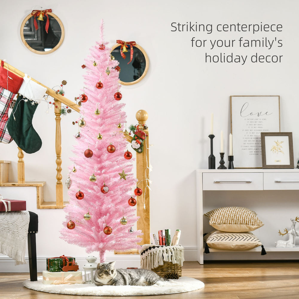 6' Pencil Christmas Tree, Slim Artificial Xmas Tree With Realistic Branches, Sturdy Metal Stand, Pink EX-STOCK Canada