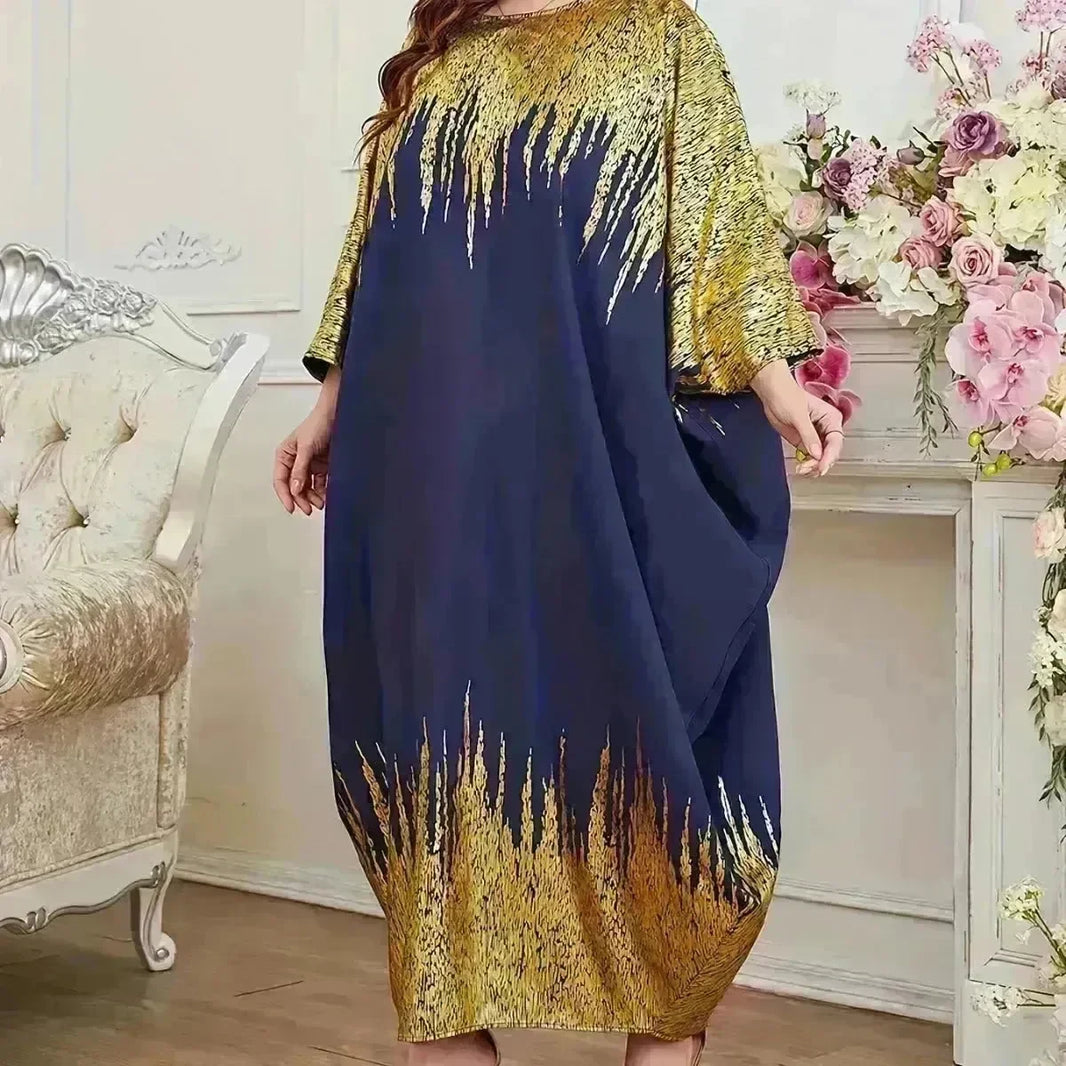 Fashion Embellish Fancy Abaya Middle East Print Color Contrast Patchwork Bat Sleeve Width Loose Summer Long Sleeve Dress - EX-STOCK CANADA
