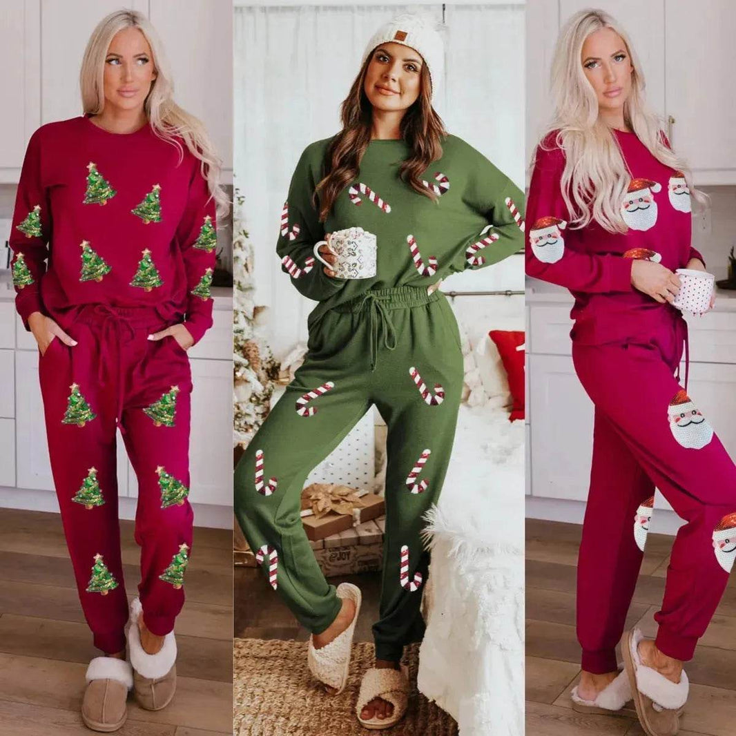 Women's Christmas sweatsuit Sequins Long Sleeve Pants Two-piece Set Fashion Casual Set - EX-STOCK Canada
