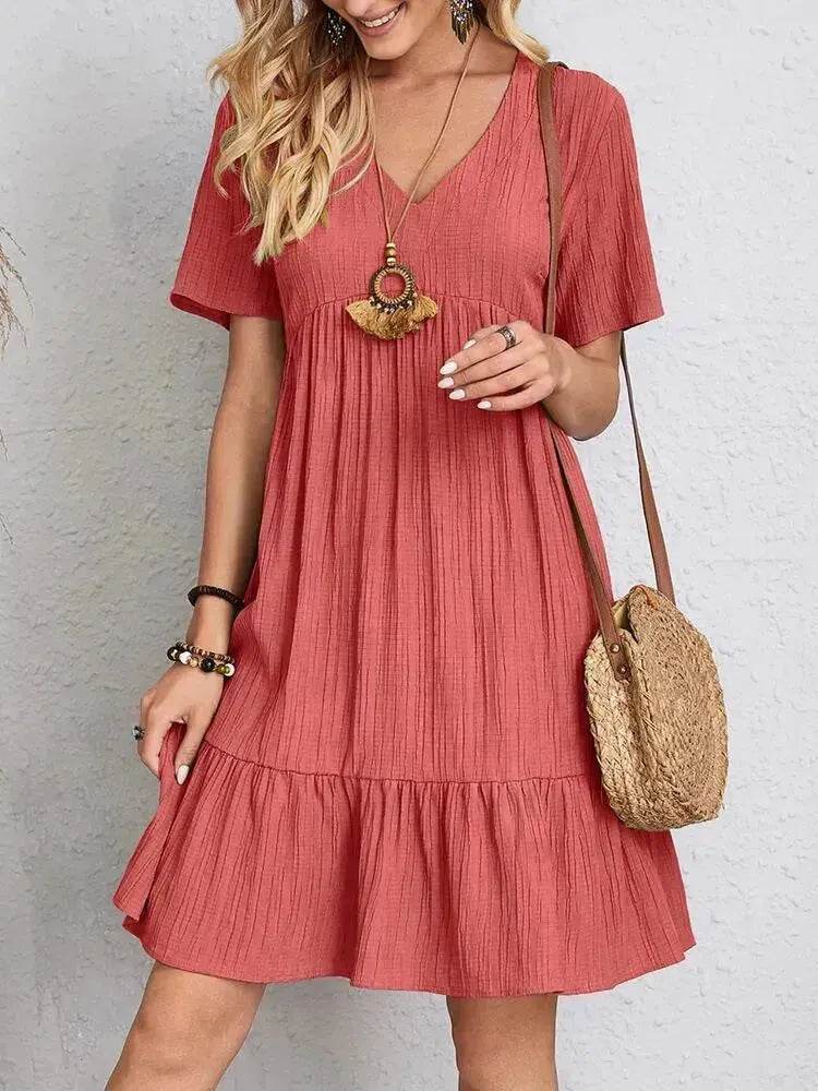 Summer Beach V-neck Dresses Women's Loose Casual Short-sleeved Loose Skater Dress for Chic Ladies - EX-STOCK Canada