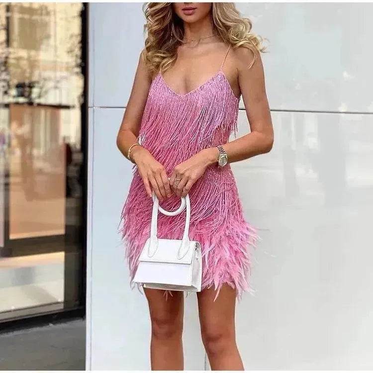 Elegant Chic Spaghetti Strap Luxury Tassel Sequins Feather Women’s Mini Dress for Evening Party, Cocktail Wedding Guest. - EX-STOCK Canada
