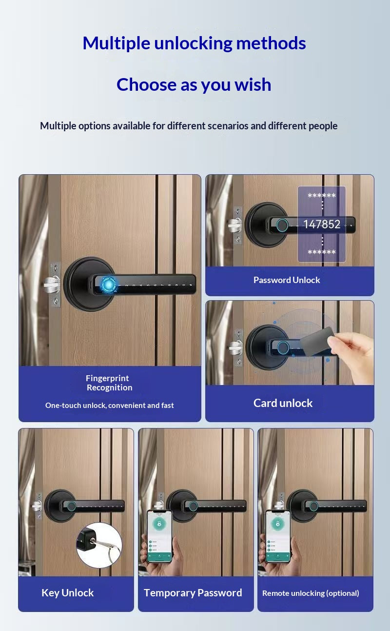 A product feature infographic for a smart door lock, showing six panels with different unlocking methods: fingerprint recognition, password unlock, card unlock, key unlock, temporary password, and remote unlocking, set against a light blue gradient background.