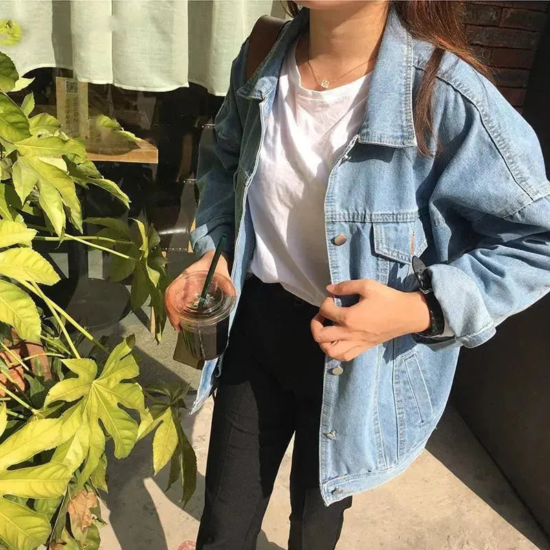 Casual Unisex Loose student bf style blue denim jacket women - EX-STOCK CANADA