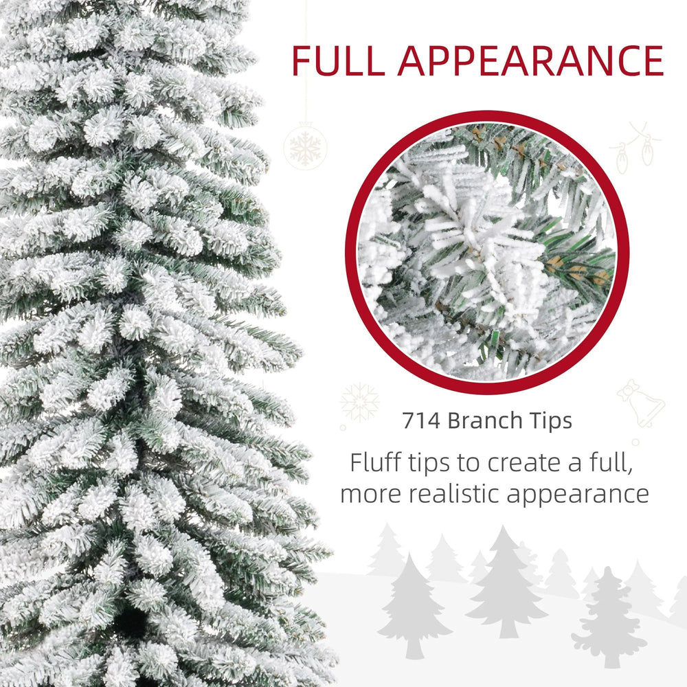 9ft Snow-Flocked Artificial Christmas Tree, Slim Pencil Xmas Tree With 714 Realistic Branches, Metal Base, Green EX-STOCK Canada