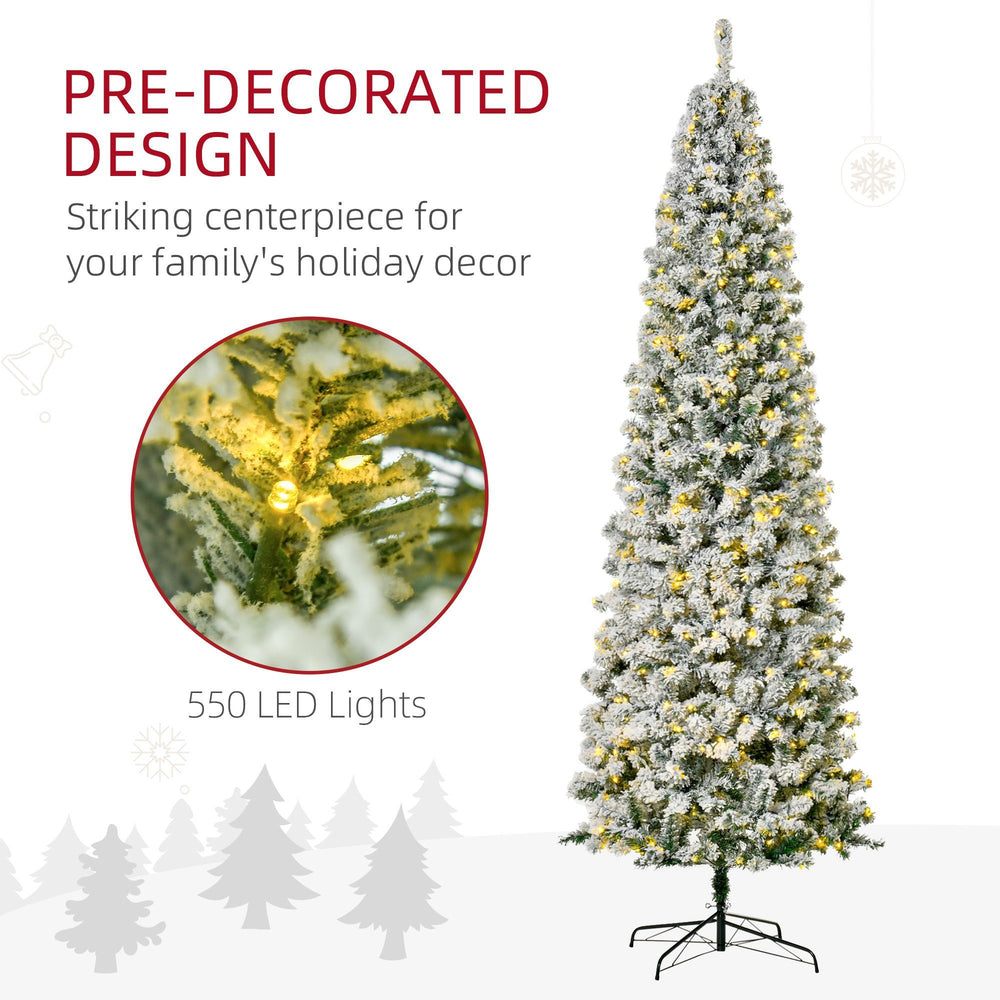 9 Feet Prelit Artificial Snow Flocked Pencil Christmas Tree, Slim Xmas Tree With Warm White LED Light, Holiday Home Xmas Decoration, Green EX-STOCK Canada