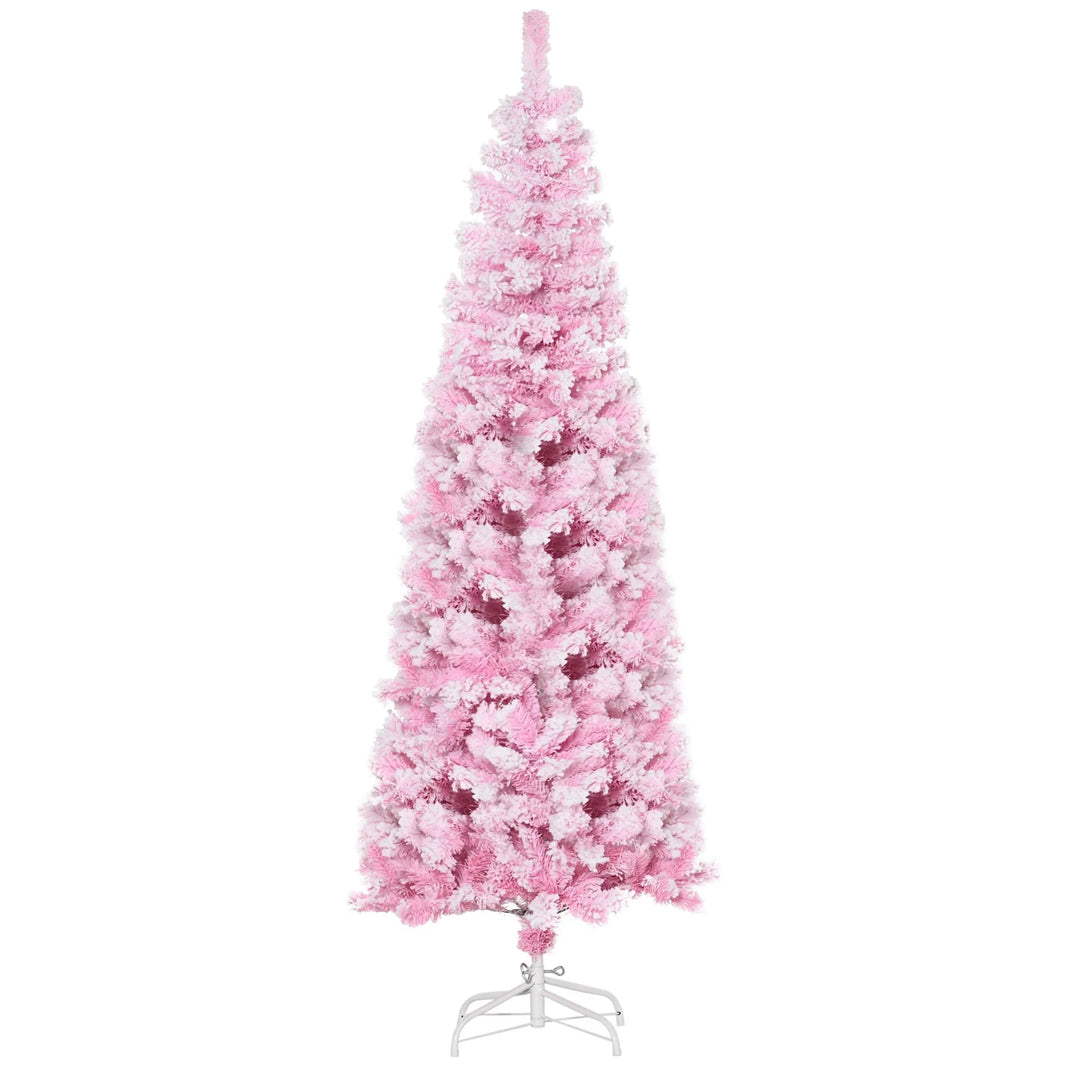 6 FT Snow Flocked Artificial Christmas Tree, Pencil Xmas Tree With Realistic Branches, Auto Open And Steel Base, Pink EX-STOCK Canada