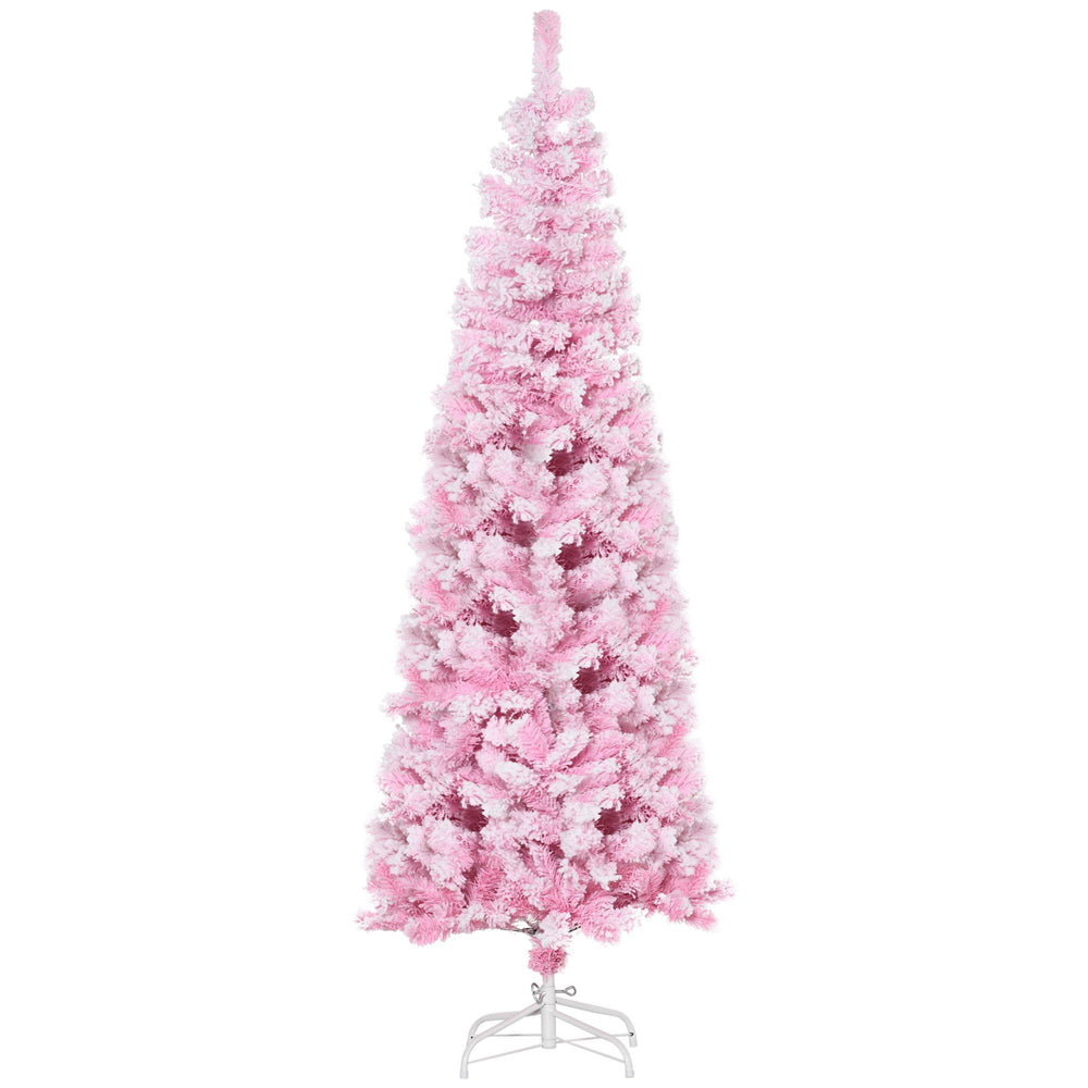 6 FT Snow Flocked Artificial Christmas Tree, Pencil Xmas Tree With Realistic Branches, Auto Open And Steel Base, Pink EX-STOCK Canada