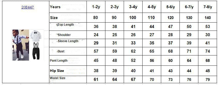 Measurement chart for children's clothing sizes with corresponding measurements in centimeters.