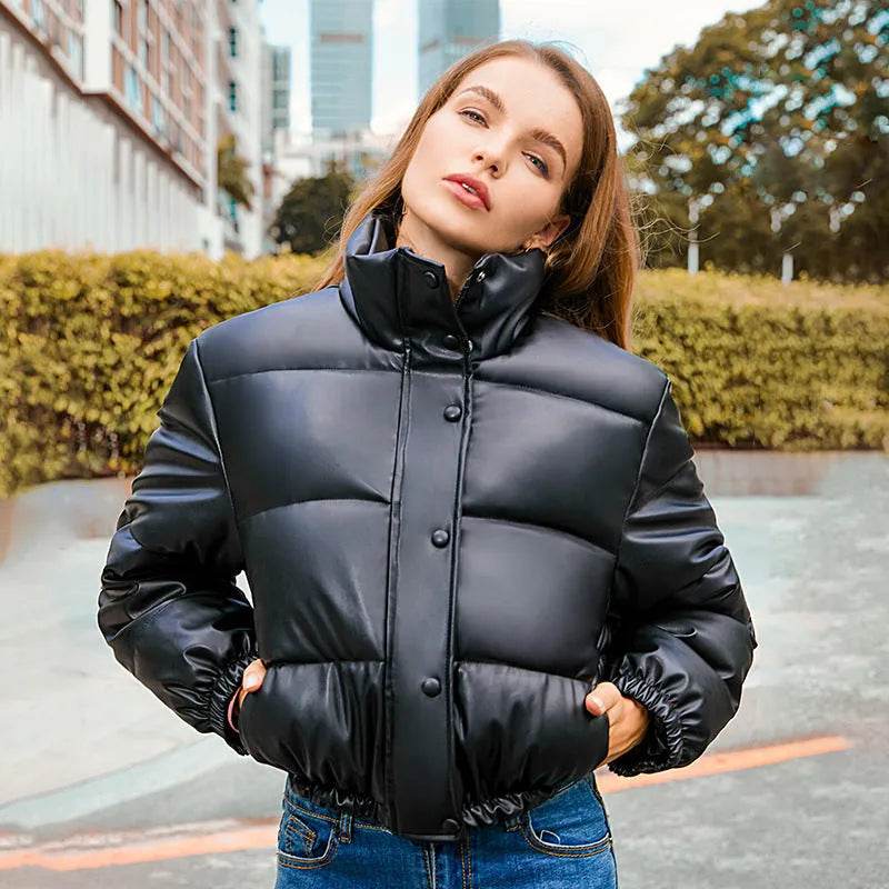 New Leather Puffer Cropped Jacket Warm Stand Collar Short Coat Y2K Cotton padded Jacket Women - EX-STOCK Canada