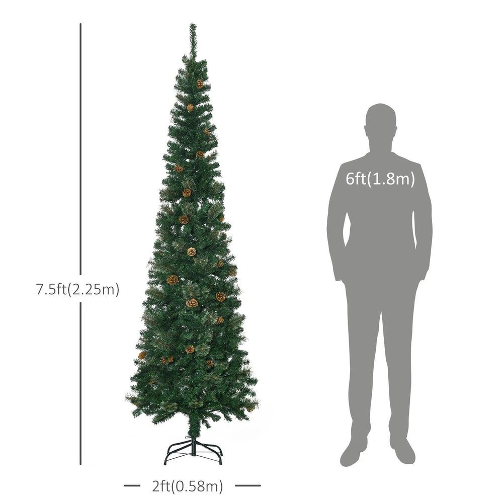 7.5ft Pencil Christmas Tree, Artificial Christmas With Pine Needles, Realistic Branches, Pine Cones, Metal Base, Green EX-STOCK Canada