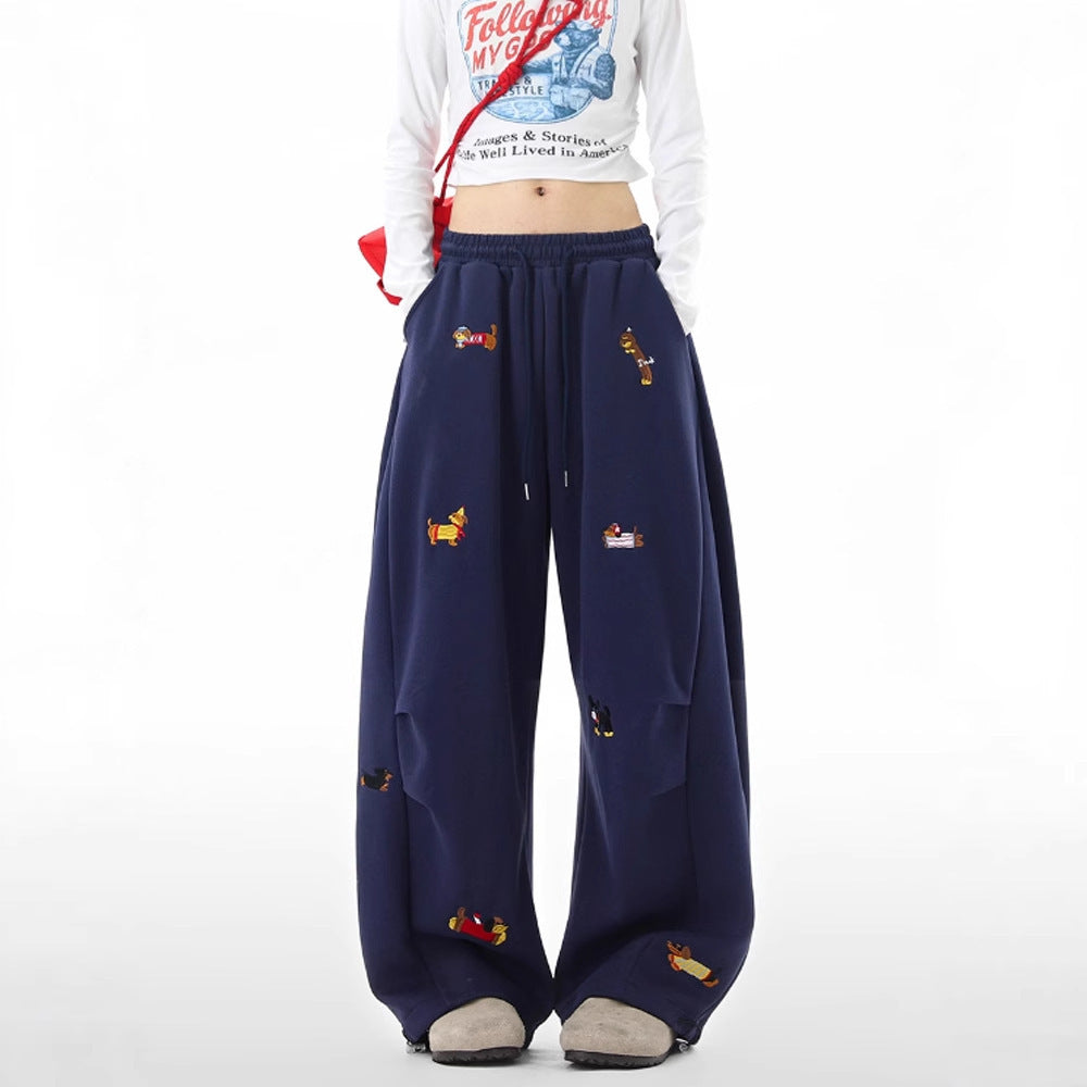 Lazy Sausage Dog Embroidered Machete Sweatpants Autumn Loose Casual