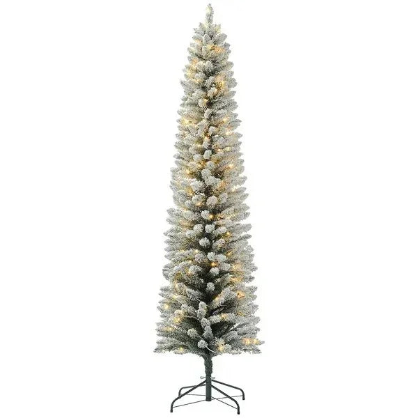 7ft Artificial Prelit Christmas Tree With Warm White LED Light, Snow Flocked Branches, Metal Base, Pencil Xmas Tree EX-STOCK Canada