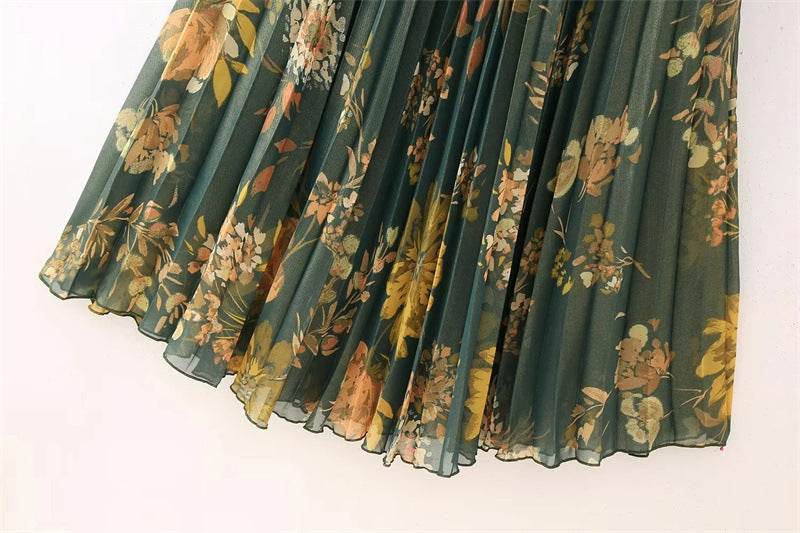 2pcs Floral Satin Skirt suit Long sleeve button shirt and Pleated Midi Skirt Outfit set - EX-STOCK Canada