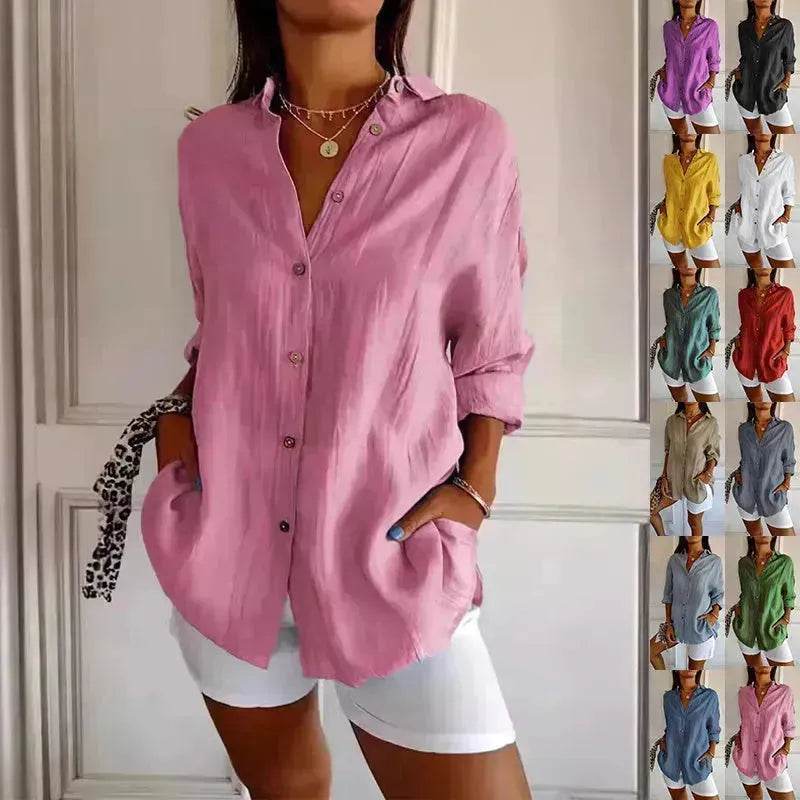 Fashionable Lapel Long Sleeve Shirt Top Women's Single-breasted Pleated Shirt Women Tops - EX-STOCK Canada