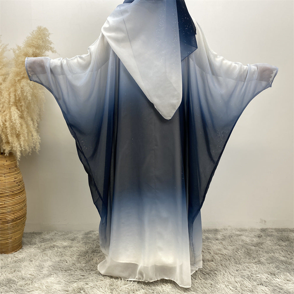 Middle East Muslim Chiffon Cardigan Gradient Batwing Sleeve With Headscarf Suit - EX-STOCK Canada