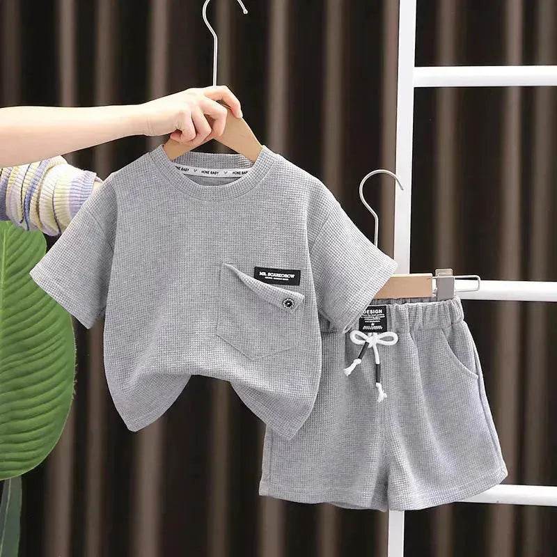 Children's Summer Clothing Casual Plain color Cotton Short Sleeve shirt and Short pant Two-piece Set - EX-STOCK Canada