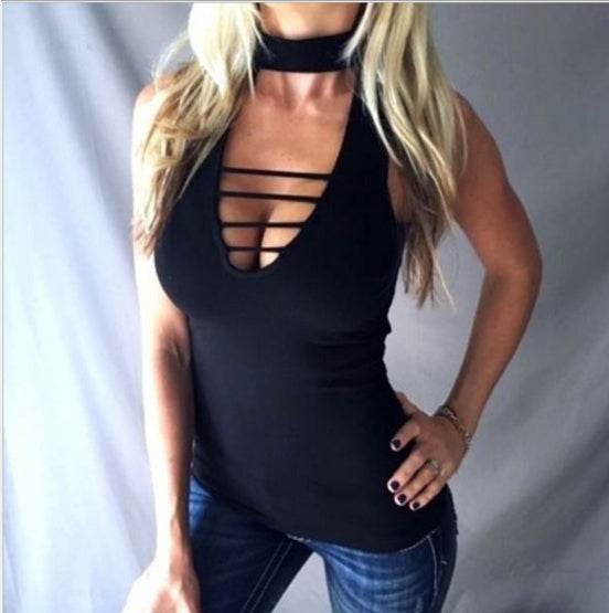 Sexy Tank Women Casual Lace Up Hollow Out V neck Tops - EX-STOCK Canada