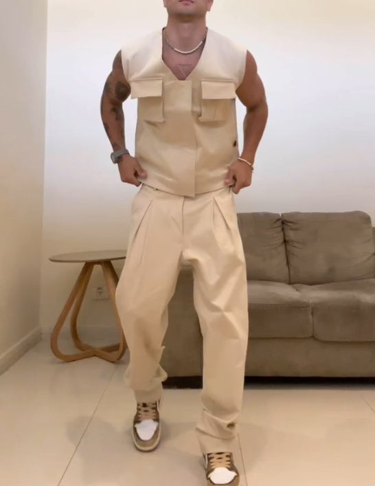 Men's Cargo Vest & Wide-Leg Trousers 2-Piece Set – Beige Casual Outfit (S–2XL)