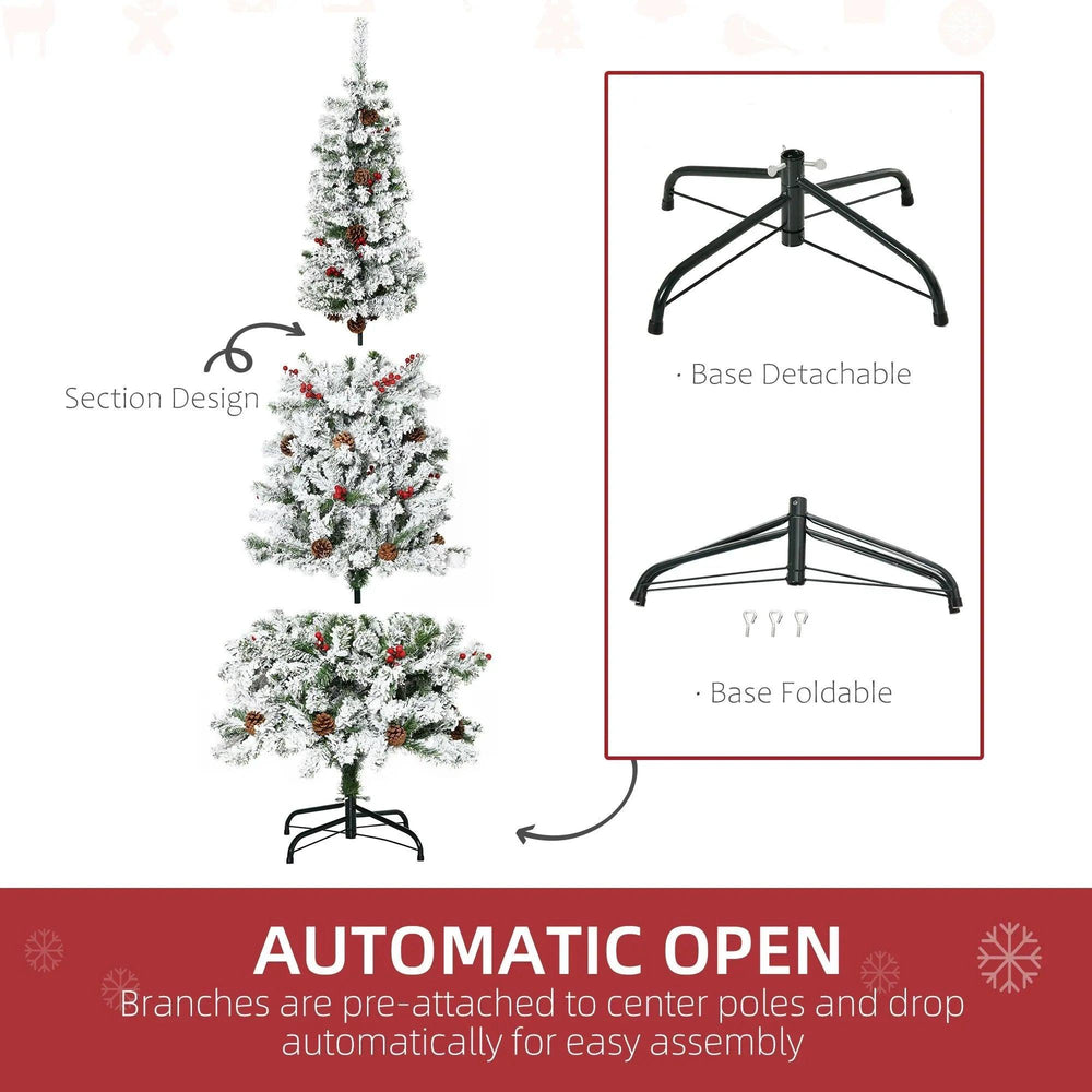 6 Foot Pencil Snow Flocked Artificial Christmas Tree With 600 Pine Realistic Branches, Pine Cones, Red Berries, Auto Open, Green EX-STOCK Canada