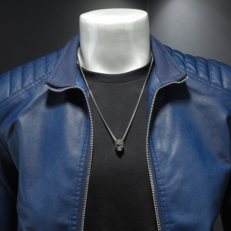 Men's Slim-Fit Faux Leather Motorcycle Jacket – Black & Blue | XS–5XL 5