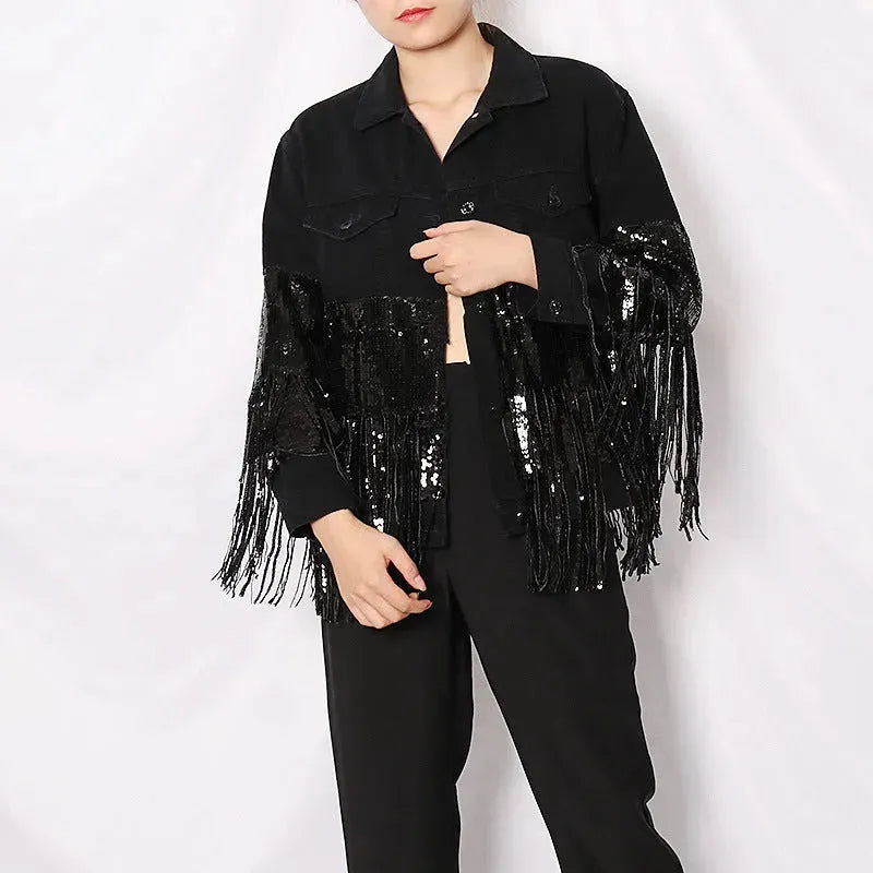 Lapel Pocket Heavy Industry Sequins Tassel Loose Ripped Denim Jacket Women - EX-STOCK CANADA