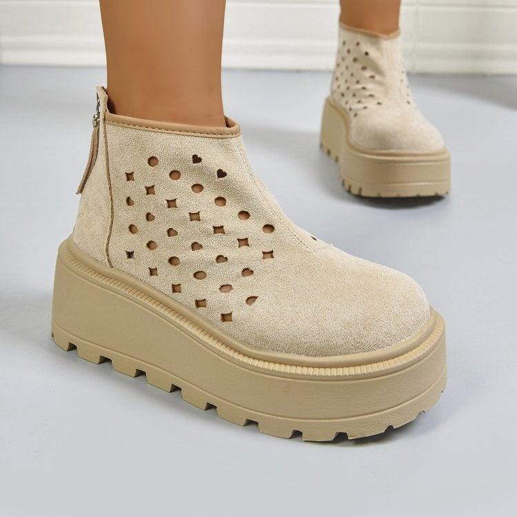 Women's Perforated Platform Ankle Boots, Back Zipper Breathable Wedge Booties, Casual Chunky Sole Cutout Boots