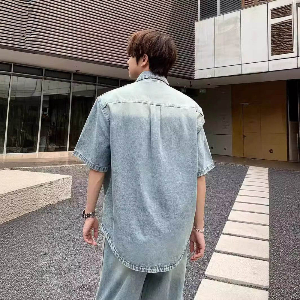 Retro Side Three Bar Stripes Short Sleeve Denim Shirt Outfit Men Jeans - EX-STOCK Canada