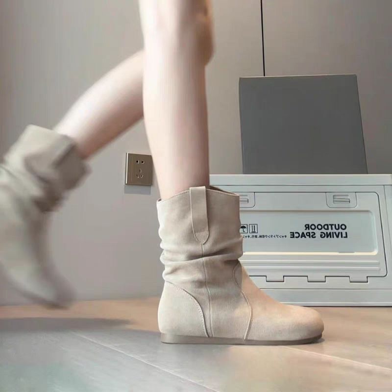 Women's Slouchy Flat Ankle Boots | Suede-Look Mid-Calf Boots Khaki & Camel